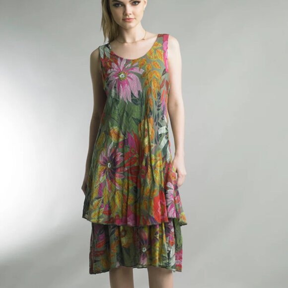 NEW TEMPO PARIS Vintage Cotton Gauze Dress Olive Floral Size L - Picture 2 of 8